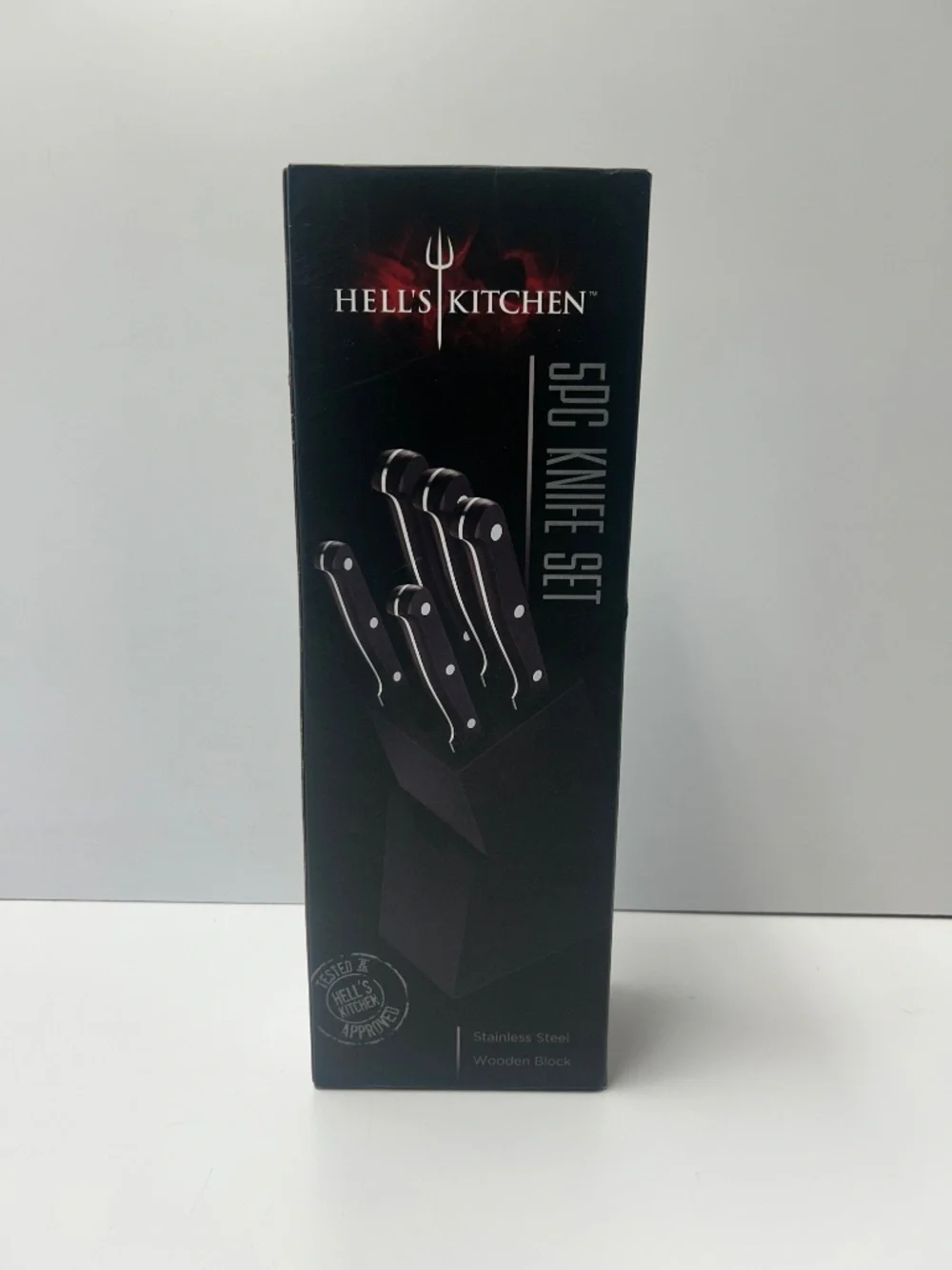 Hells Kitchen Stainless Steel 5 Pc Knife Set In Black Wooden Block Set NIB